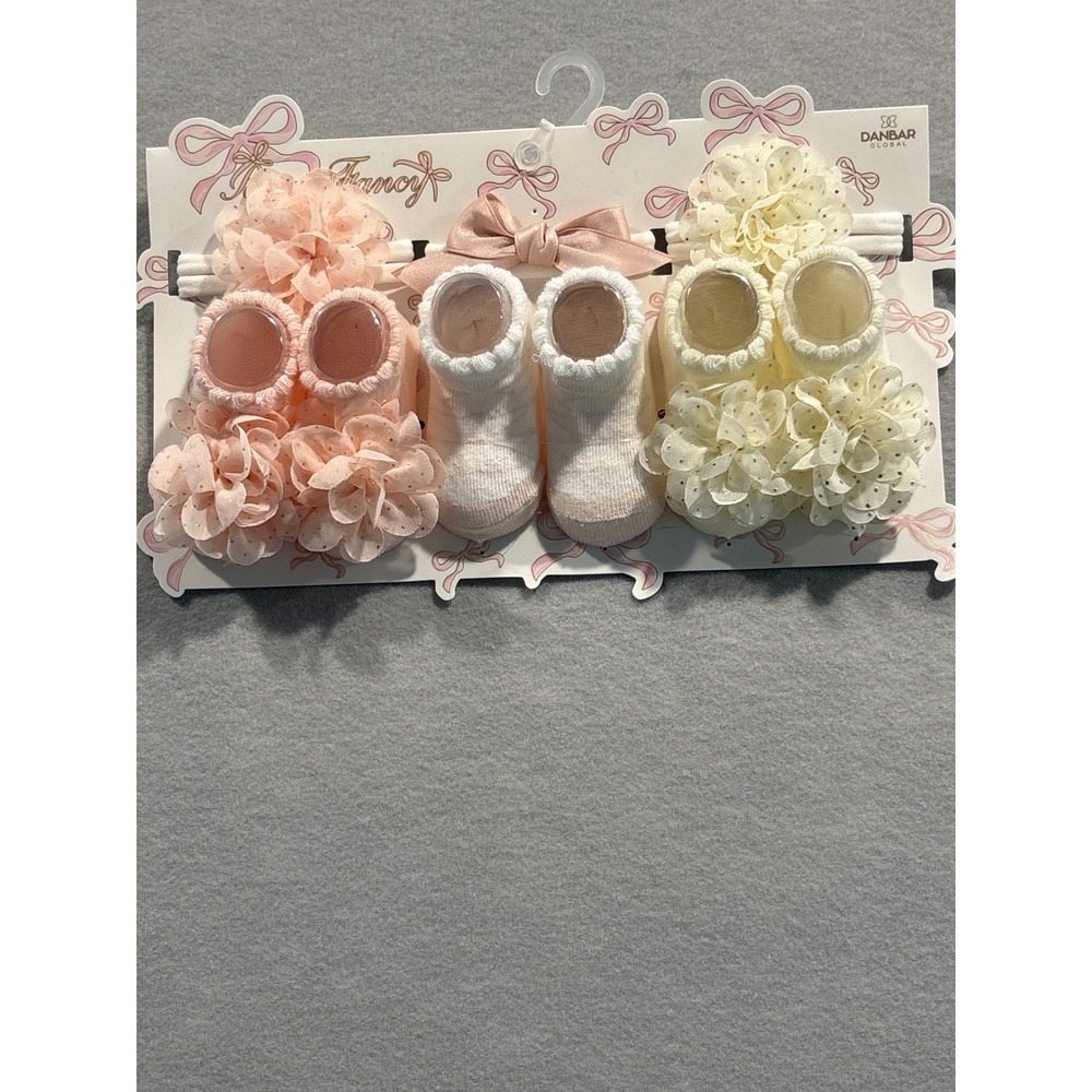 Bow Fancy Danbar Global Baby Girl 5pc Sock and Headband Set Pink Cream Floral